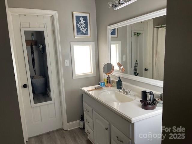 bathroom featuring vanity and wood-type flooring