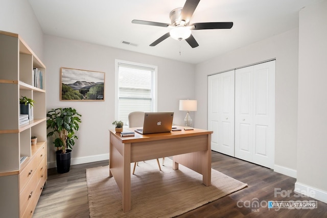 office featuring ceiling fan and dark hardwood / wood-style flooring