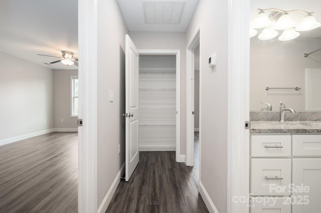 hallway featuring dark hardwood / wood-style floors and sink