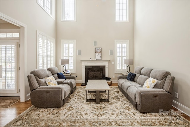 living room with hardwood / wood-style floors, a towering ceiling, and a high end fireplace