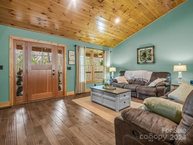 living room with wooden ceiling, vaulted ceiling, and hardwood / wood-style flooring