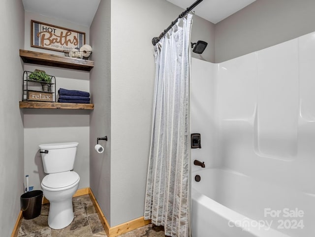 bathroom featuring toilet and shower / bathtub combination with curtain