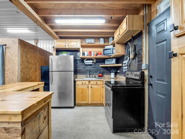 kitchen with light brown cabinets, sink, stainless steel appliances, and wooden counters