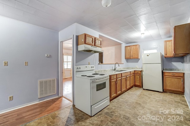 kitchen with sink, light hardwood / wood-style floors, and white appliances