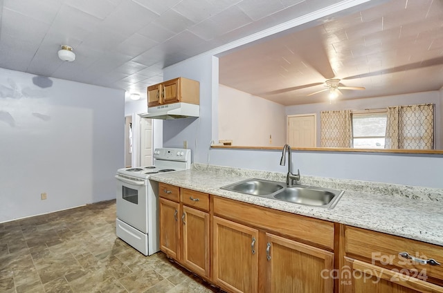 kitchen featuring white range with electric stovetop, ceiling fan, sink, and light stone countertops