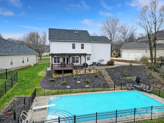 view of pool featuring a yard, a pergola, and a deck