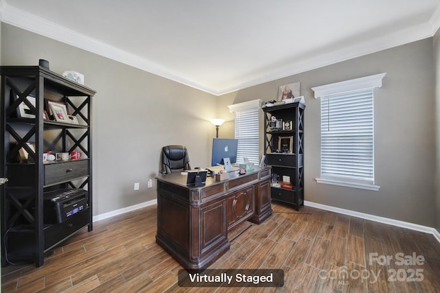 office featuring crown molding and dark hardwood / wood-style flooring