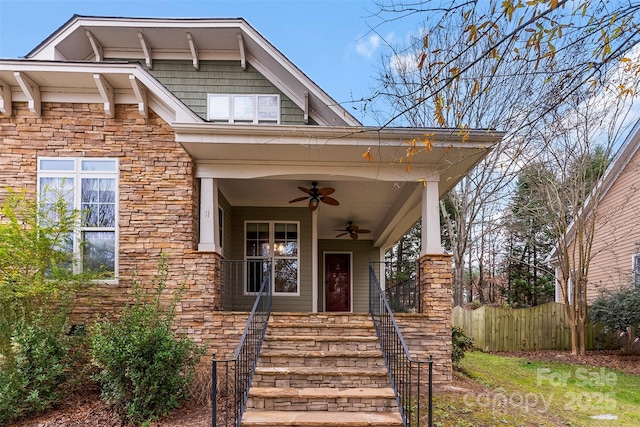 view of front of property with a porch and ceiling fan