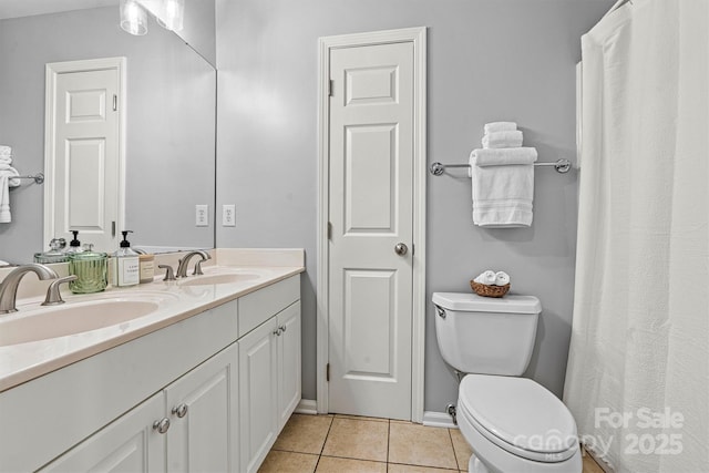 bathroom featuring toilet, vanity, and tile patterned flooring