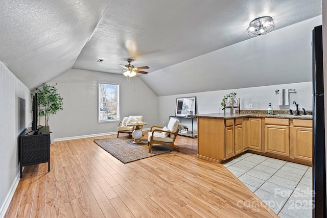 living area with light hardwood / wood-style floors, ceiling fan, a textured ceiling, vaulted ceiling, and sink