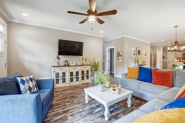 living room with ceiling fan with notable chandelier, dark hardwood / wood-style floors, and crown molding