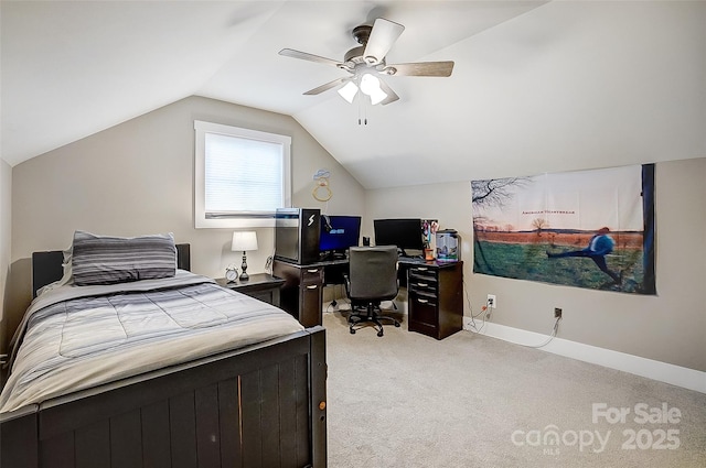 bedroom with light carpet, vaulted ceiling, and ceiling fan