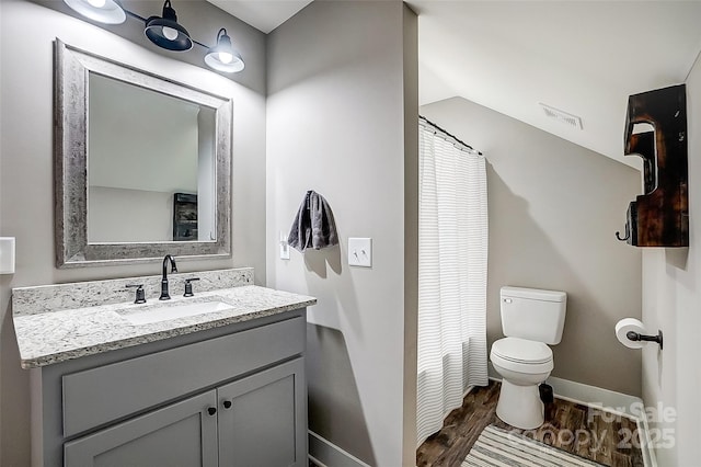 bathroom with vanity, wood-type flooring, and toilet