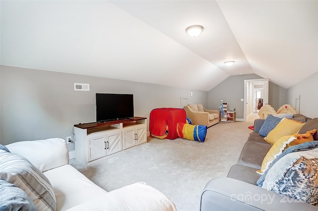 living room with light colored carpet and lofted ceiling