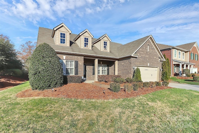 cape cod-style house with a garage and a front lawn