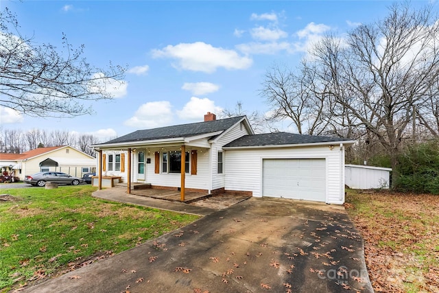 ranch-style home featuring a porch, a garage, and a front lawn