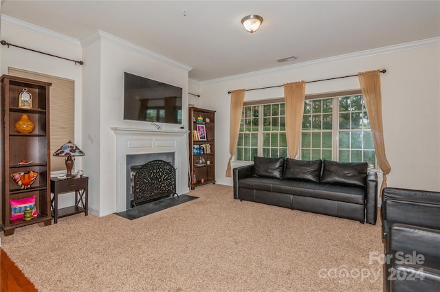 living room with carpet floors and crown molding