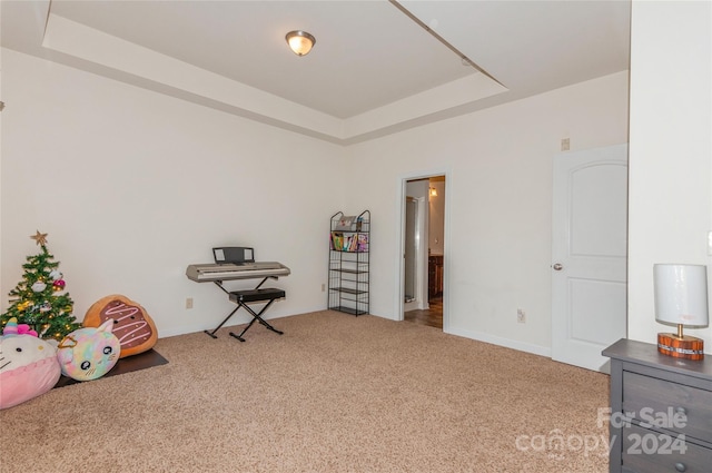 playroom with carpet flooring and a raised ceiling