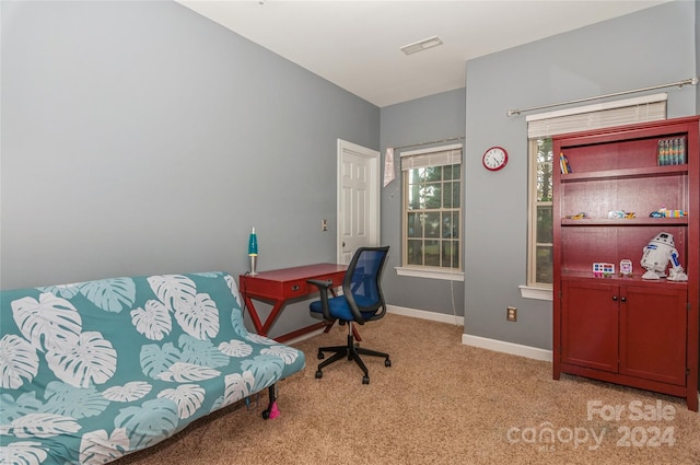 home office with light carpet