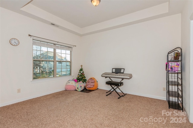 recreation room featuring a tray ceiling and light colored carpet