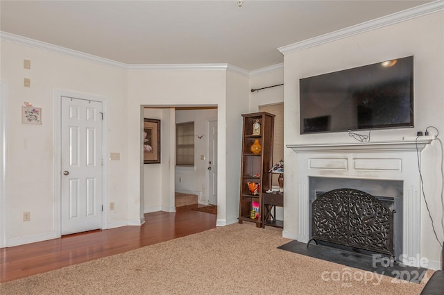 living room with crown molding and dark wood-type flooring