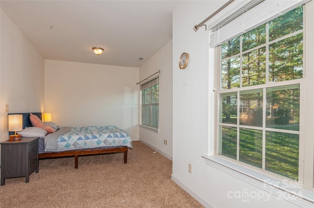 bedroom with light colored carpet and multiple windows