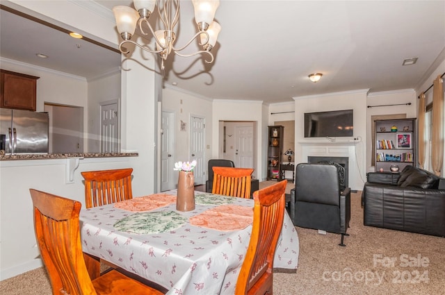 carpeted dining space featuring an AC wall unit, crown molding, and an inviting chandelier