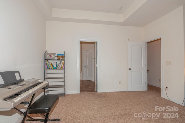 carpeted home office featuring a raised ceiling