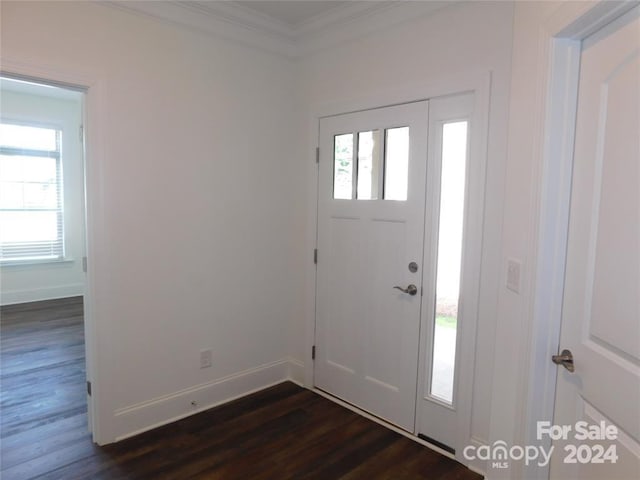 entrance foyer with dark hardwood / wood-style floors and ornamental molding