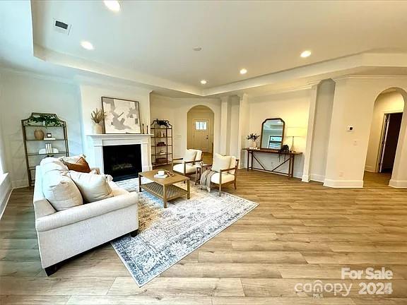 living room with visible vents, arched walkways, a tray ceiling, light wood-type flooring, and a fireplace