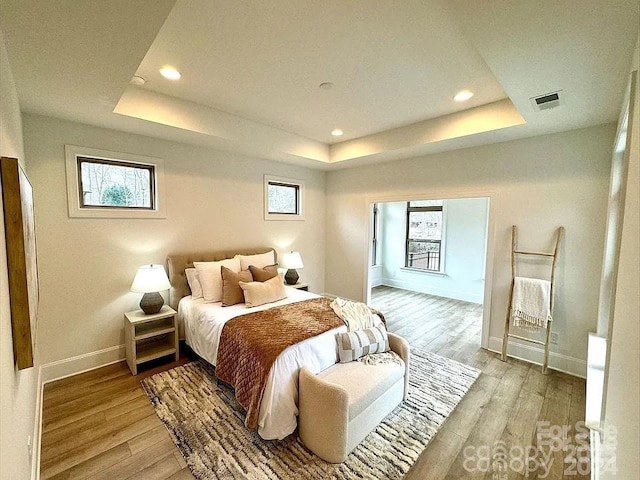 bedroom featuring multiple windows, baseboards, a raised ceiling, and wood finished floors