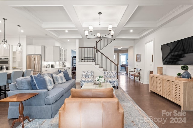 living room featuring coffered ceiling, dark hardwood / wood-style floors, ornamental molding, beamed ceiling, and a notable chandelier