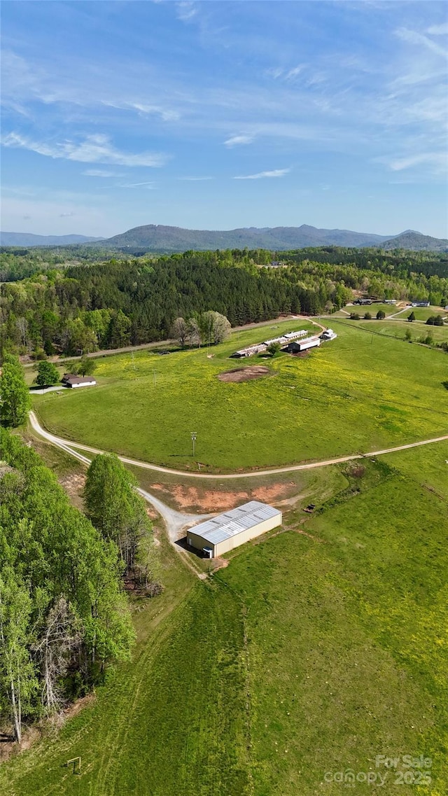 birds eye view of property featuring a rural view, a view of trees, and a mountain view