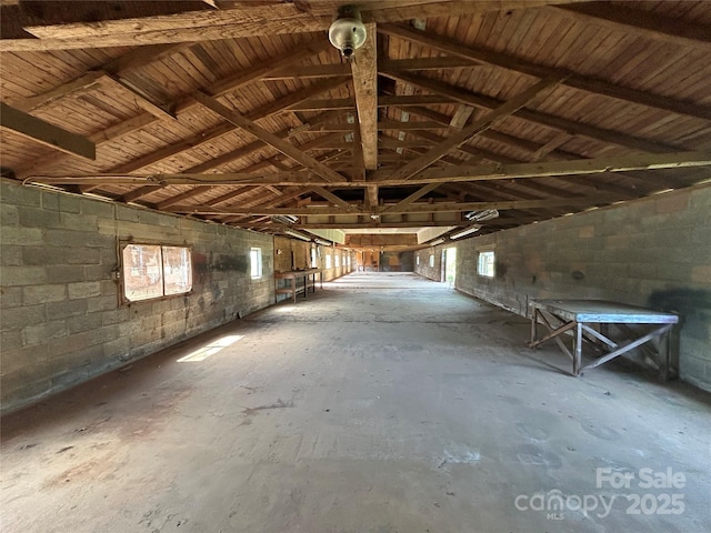 miscellaneous room featuring concrete flooring, concrete block wall, lofted ceiling, and a garage