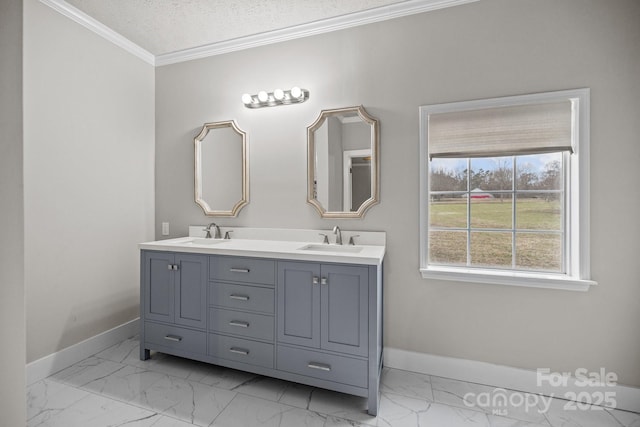 bathroom with vanity, ornamental molding, and a textured ceiling