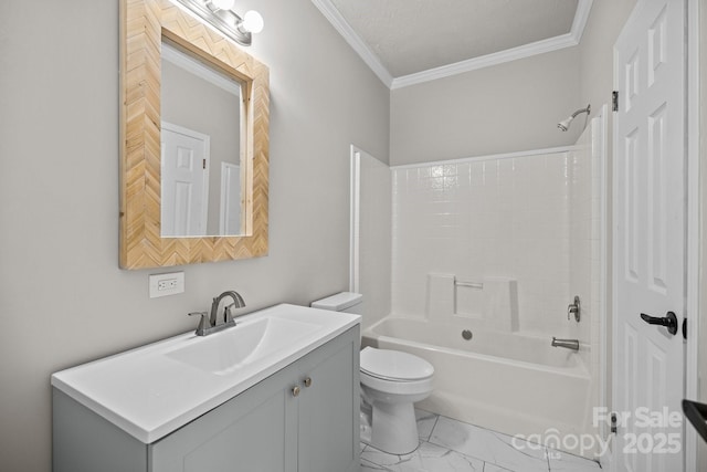 full bathroom with crown molding, shower / bathtub combination, vanity, and toilet