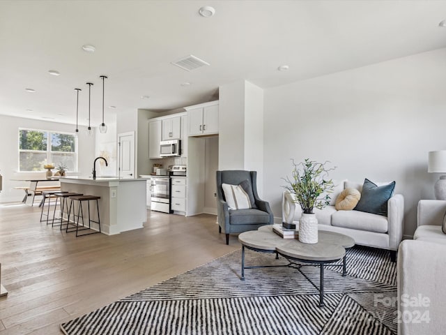 living room with light hardwood / wood-style flooring and sink