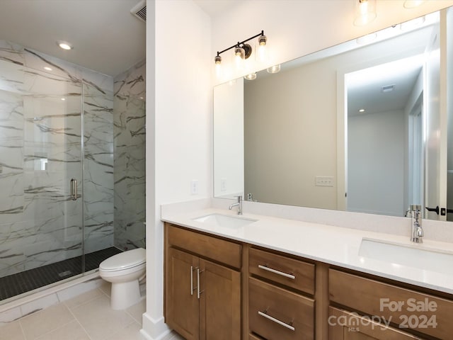 7022 Impulse Ct, Charlotte, NC 28205 - bathroom featuring a marble finish shower, double vanity, tile patterned floors, and recessed lighting