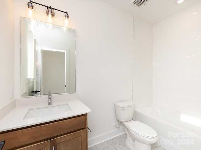 full bathroom featuring shower / tub combination, tile patterned flooring, vanity, and toilet