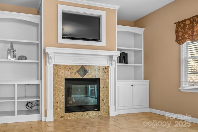 interior details with a premium fireplace