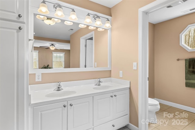 bathroom with ceiling fan, tile patterned floors, toilet, and vanity