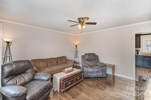 living room featuring crown molding and dark wood-type flooring