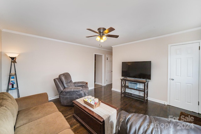 living room with dark hardwood / wood-style floors, ceiling fan, and crown molding