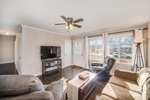 living room featuring crown molding, ceiling fan, and dark wood-type flooring