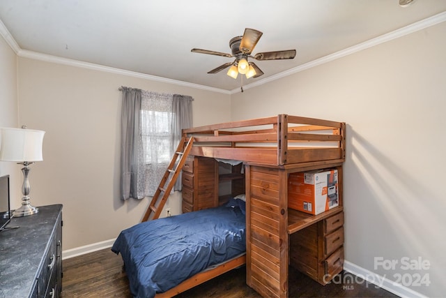 bedroom with ornamental molding, ceiling fan, and dark wood-type flooring