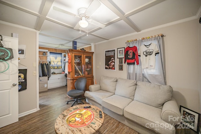 living room featuring ceiling fan, crown molding, dark hardwood / wood-style floors, and coffered ceiling