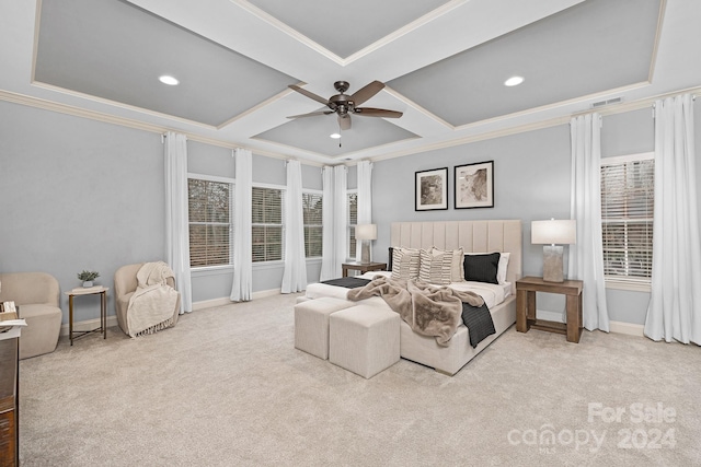 carpeted bedroom featuring crown molding, ceiling fan, and coffered ceiling