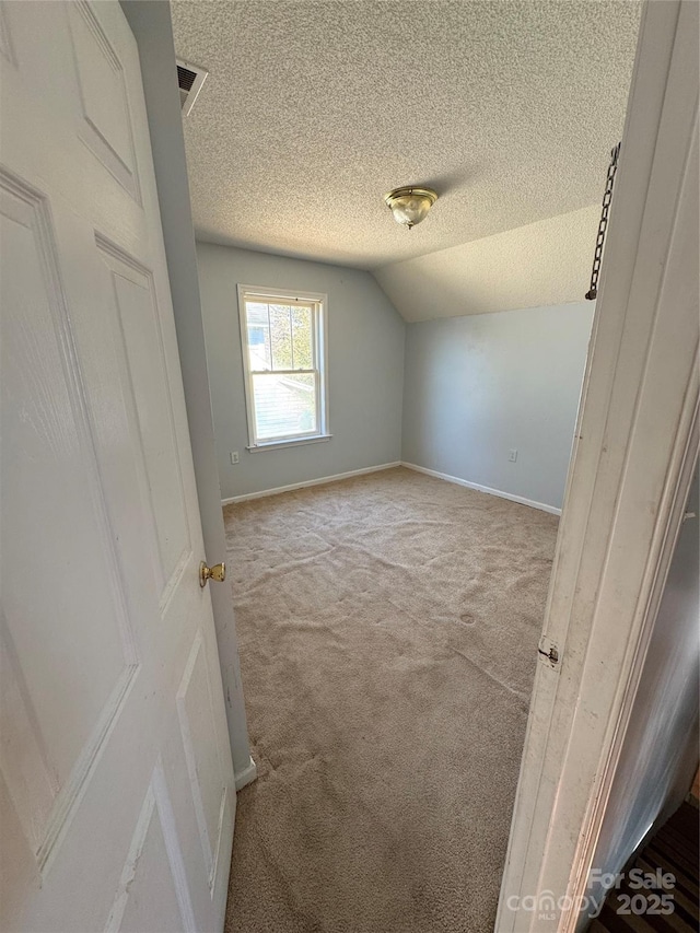 additional living space featuring light colored carpet, a textured ceiling, and lofted ceiling