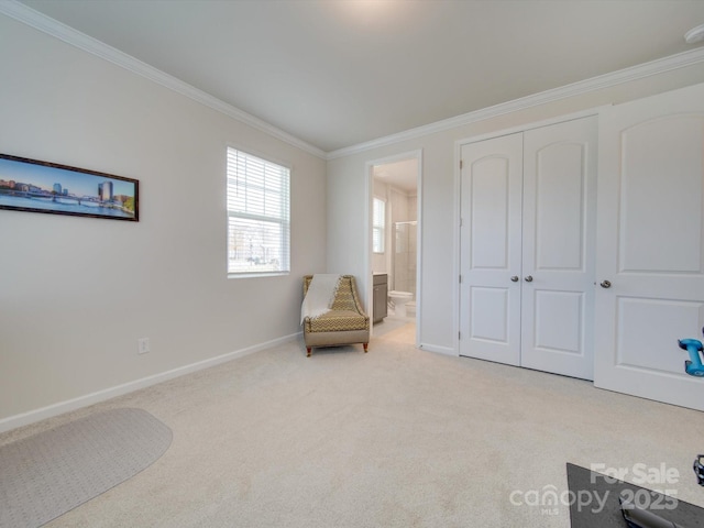 unfurnished room with light colored carpet and ornamental molding