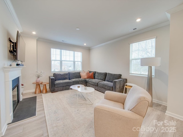 living room with light hardwood / wood-style floors, a healthy amount of sunlight, and crown molding